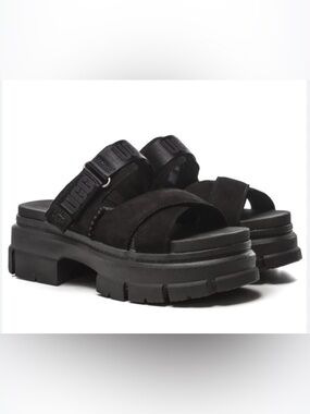 Ugg Black Ashton Slide 10 Lug Sole Suede Adjustable Strap Chunky Sandal Platform